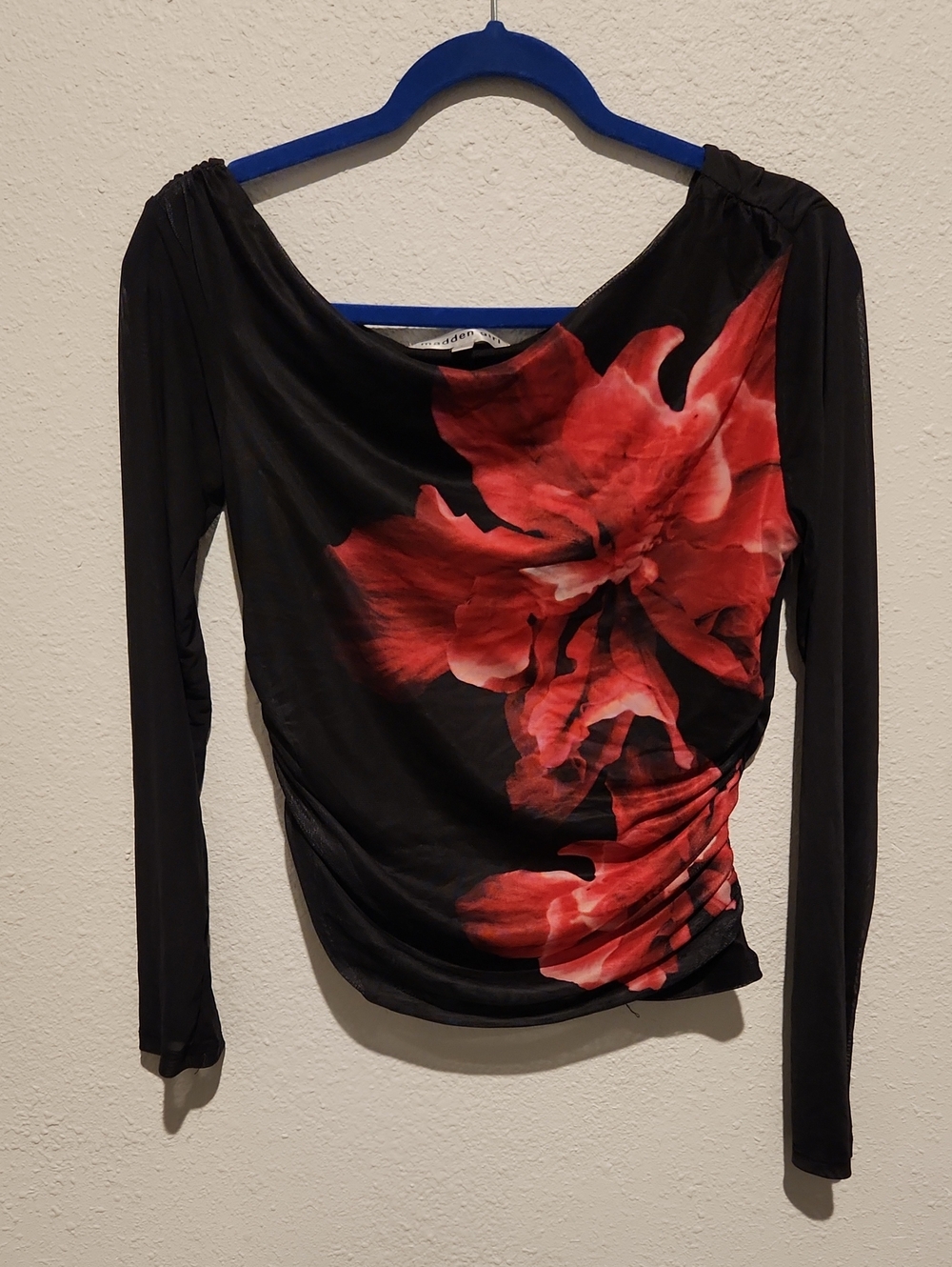 Madden Girl Black Red Floral Off Shoulder Top | Draped Cowl | Sheer Sleeves | L